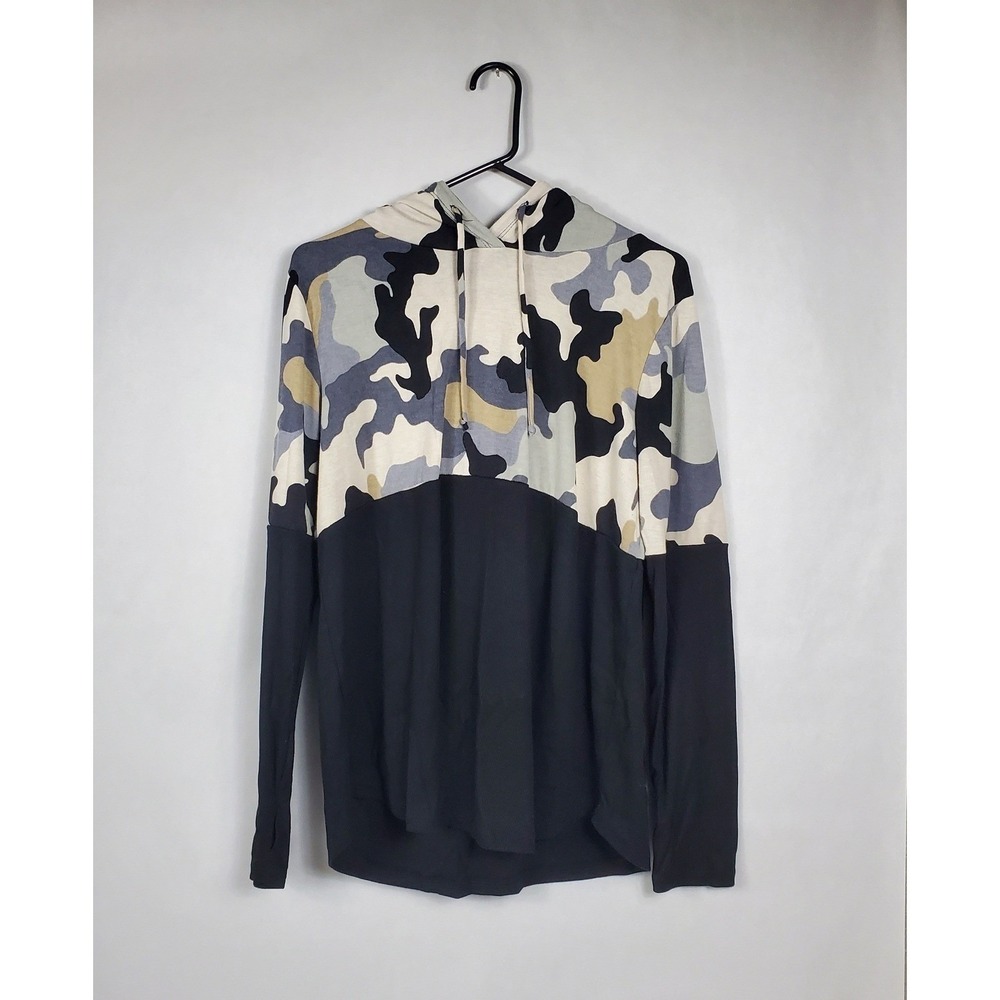 Sew In Love Womens Medium Camo Colorblock Ribbed Hoodie Black Gray Thumbholes